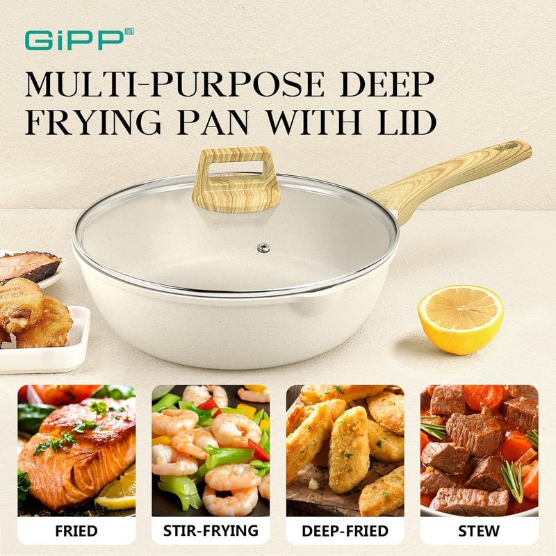 GIPP Nonstick Deep Frying Pan, 28cm Skillet Working Pan Granite Induction Cookware, Non Stick Saute Pan with Lid, PFOA PFOS APEO Free, White - Image 5