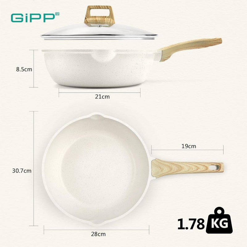 GIPP Nonstick Deep Frying Pan, 28cm Skillet Working Pan Granite Induction Cookware, Non Stick Saute Pan with Lid, PFOA PFOS APEO Free, White - Image 2