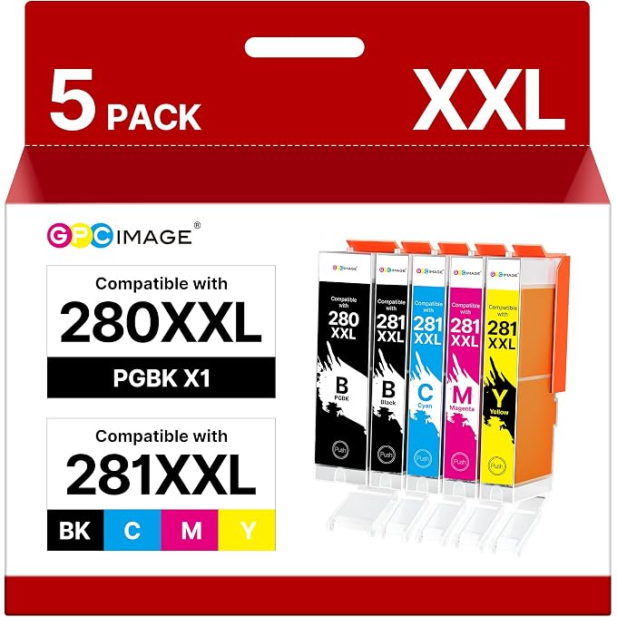 GPC Image Compatible Ink Cartridge Replacement for PGI-280XXL CLI-281XXL PGI 280 XXL CLI 281 XXL fit for PIXMA TS6120 TS6220 TR7520 TR8520 TS8120 TS8220 TS9120 TS9520 TS9521C Printer (5 Pack)