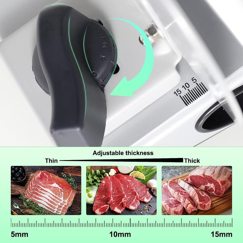 OSTBA Meat Slicer Machine, Two 6.7” Removable Stainless Steel Blades and Food Carriage, 150W Electric Deli Food Slicer for Home Use, Easy to Clean, 0-15mm Adjustable Thickness for Meat, Cheese, Bread - Image 2