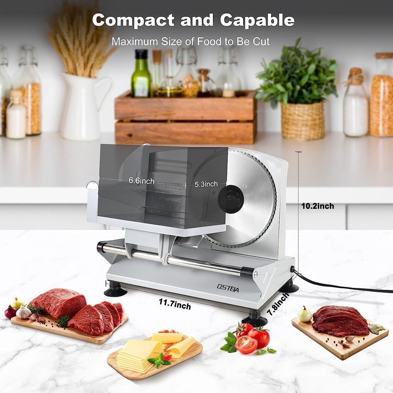 OSTBA Meat Slicer Machine, Two 6.7” Removable Stainless Steel Blades and Food Carriage, 150W Electric Deli Food Slicer for Home Use, Easy to Clean, 0-15mm Adjustable Thickness for Meat, Cheese, Bread - Image 4