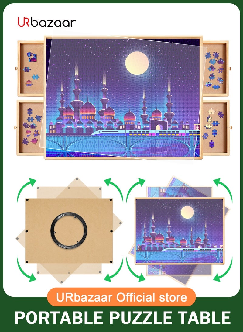 URbazaar 1000 Piece Wooden Jigsaw Puzzle Board, 81cmx61.5cm Portable Puzzle Table Portable Puzzle Table, 4 Drawers, PP Cover, Lazy Susan Spinning, for Ages 7 and Up  - Image 1
