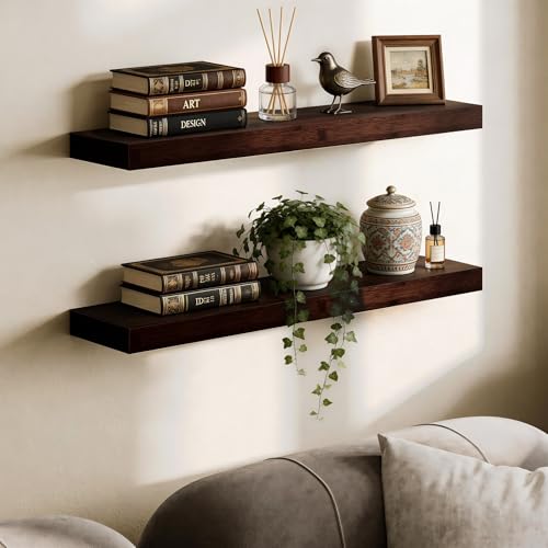 BAMEOS Solid Bamboo Floating Shelves, Set of 2 with Invisible Brackets, Natural Wood Grain Decor for Living Room, Bedroom, Kitchen, Bathroom & Office Storage - Image 1