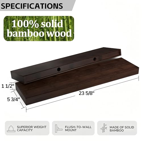 BAMEOS Solid Bamboo Floating Shelves, Set of 2 with Invisible Brackets, Natural Wood Grain Decor for Living Room, Bedroom, Kitchen, Bathroom & Office Storage - Image 2