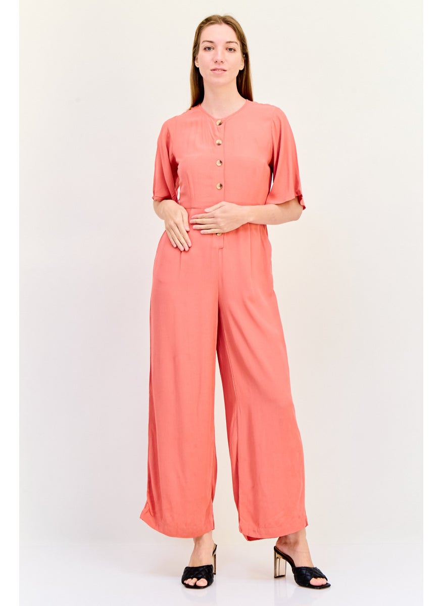 ONLY Women Round Neck Short Sleeve Plain Jumpsuit, Blush Pink  - Image 1