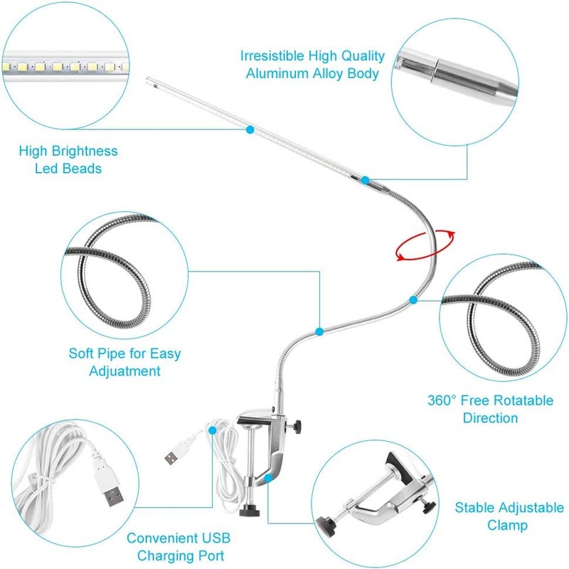 klarako Professional Manicure Table Lamp, LED Desk Lamp with Clamp - USB Led Table Light Portable Clip Table Lamp Study, Tattoo Light,Beauty Manicure, White, 18W - Image 3