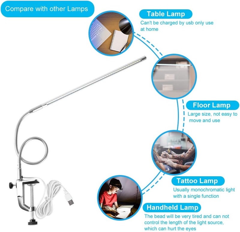 klarako Professional Manicure Table Lamp, LED Desk Lamp with Clamp - USB Led Table Light Portable Clip Table Lamp Study, Tattoo Light,Beauty Manicure, White, 18W - Image 2