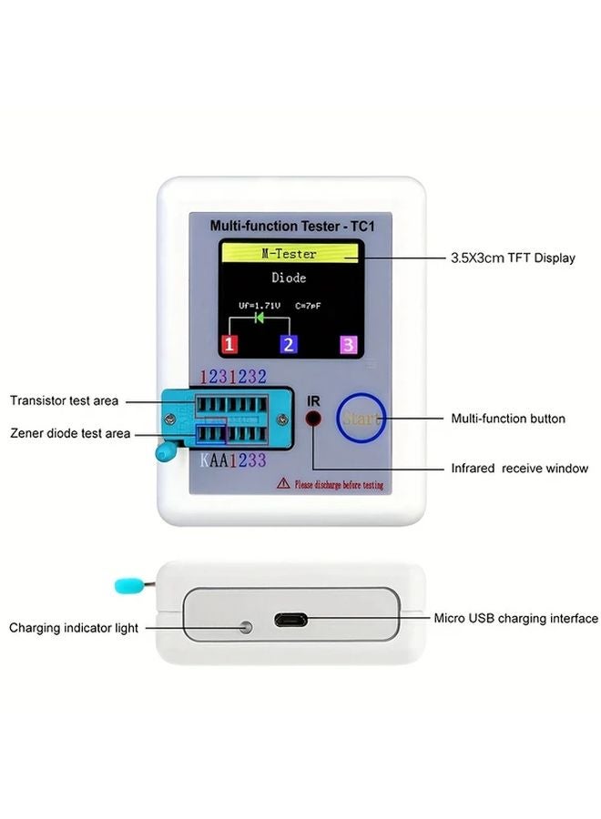 مقياس متعدد LCR TC1 أبيض بشاشة LCD TFT مقاس 1.8 بوصة لفحص الترانزستور والدايود والمكثف والمقاوم واختبار MOSFET - Image 4