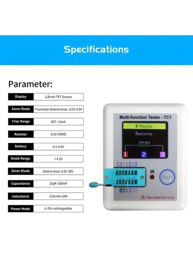 مقياس متعدد LCR TC1 أبيض بشاشة LCD TFT مقاس 1.8 بوصة لفحص الترانزستور والدايود والمكثف والمقاوم واختبار MOSFET - Image 5
