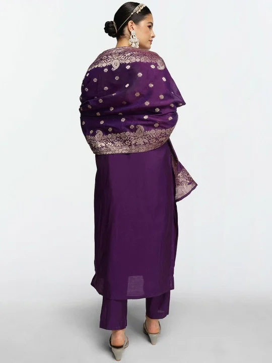 ISHIN Women'S Purple Cotton Blend Embellished Tunic Full Length Pleat Front Straight Fit Kurta Set