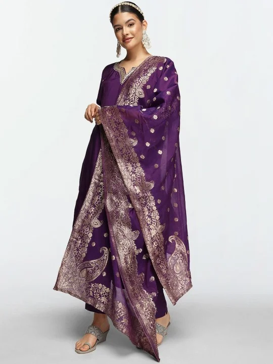 ISHIN Women'S Purple Cotton Blend Embellished Tunic Full Length Pleat Front Straight Fit Kurta Set