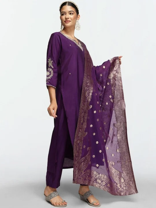 ISHIN Women'S Purple Cotton Blend Embellished Tunic Full Length Pleat Front Straight Fit Kurta Set