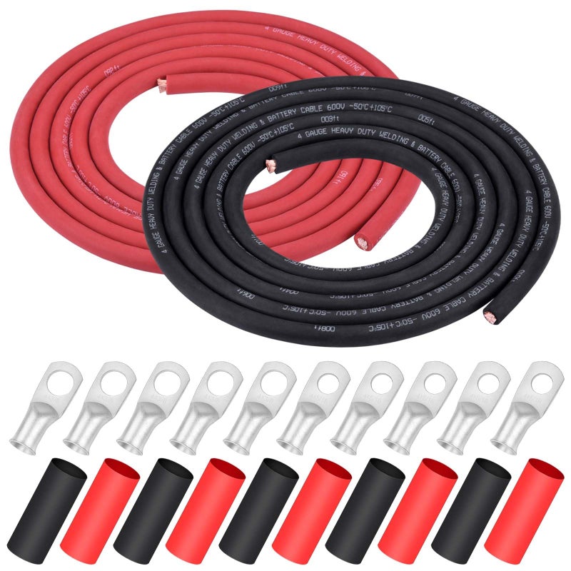 iGreely 4 AWG Gauge Wire Welding Battery Pure Copper Ultra Flexible Cable10 Feet Black  10 Feet Red Oxygen Free Copper OFC Welding Cable and Lugs Terminal Connectors with Heat Shrink Tubing