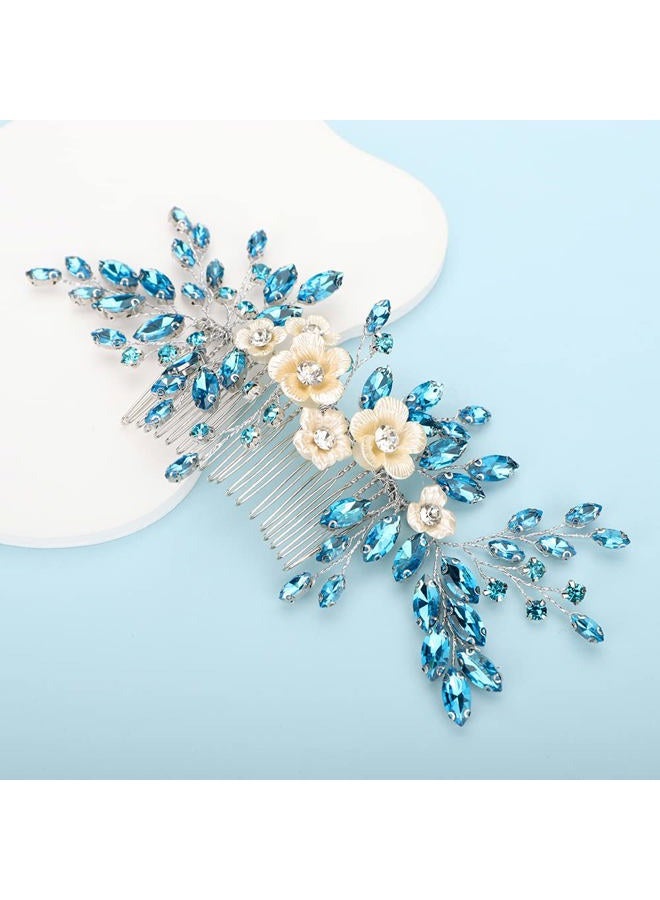 BERYUAN Bridal White Flower Light Blue Crystal Rhinestone Hair Comb for Bride Bridesmaid Sliding side Headpieces Wedding Hair Accessories for Women and Girls (Blue 1) - Image 3