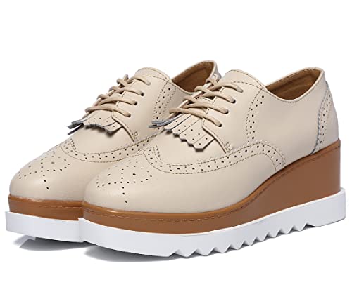 DADAWEN Women's Fashion Tassels Square-Toe Lace-up Platform Wedge Oxford Shoes Beige US Size 9 - Image 5
