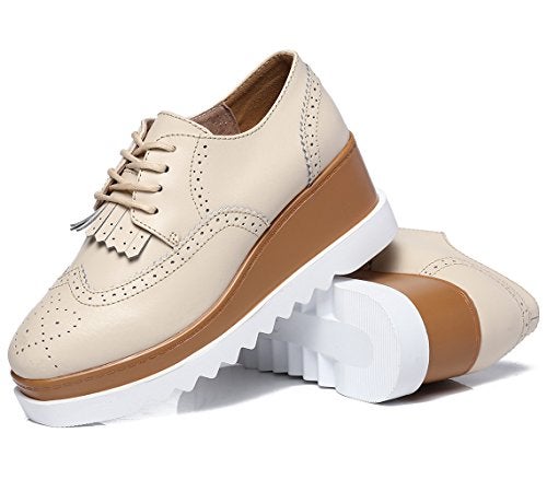 DADAWEN Women's Fashion Tassels Square-Toe Lace-up Platform Wedge Oxford Shoes Beige US Size 9 - Image 1