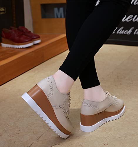 DADAWEN Women's Fashion Tassels Square-Toe Lace-up Platform Wedge Oxford Shoes Beige US Size 9 - Image 3