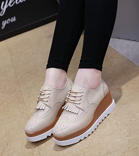 DADAWEN Women's Fashion Tassels Square-Toe Lace-up Platform Wedge Oxford Shoes Beige US Size 9 - Image 2