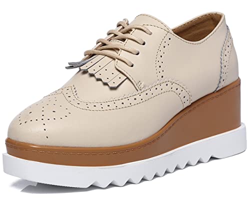 DADAWEN Women's Fashion Tassels Square-Toe Lace-up Platform Wedge Oxford Shoes Beige US Size 9 - Image 4