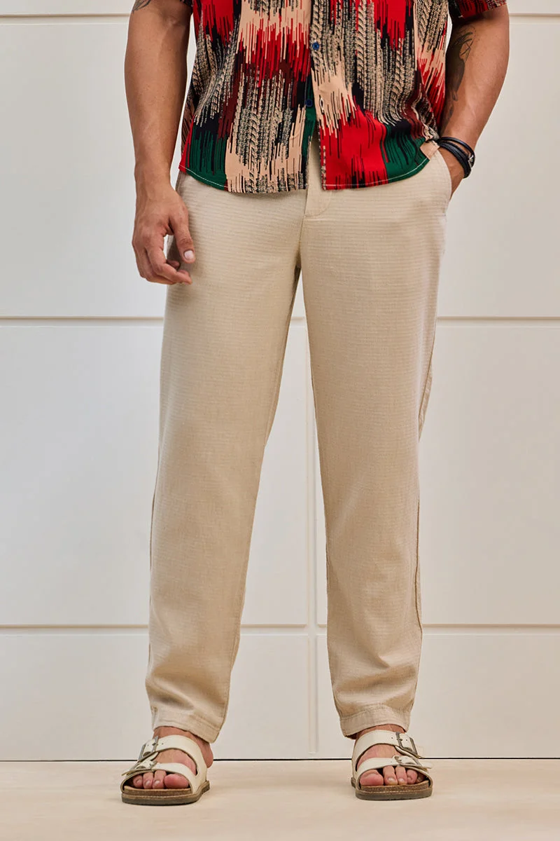 SNITCH Beige Textured Relaxed Casual Trousers