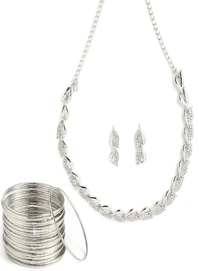 KENNICE Silver-Plated Oxidised American Diamond Studded Necklace with Earrings and Bangles Jewellery Set For Women and Girls - Image 1