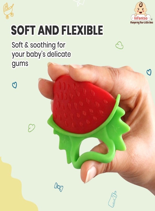 Infantso Non-Toxic Food-Grade Soft Silicone Baby Teether, BPA-Free for Pain-Relief Easy Teething, Teether for 2+ Months Babies (Strawberry) - Image 4