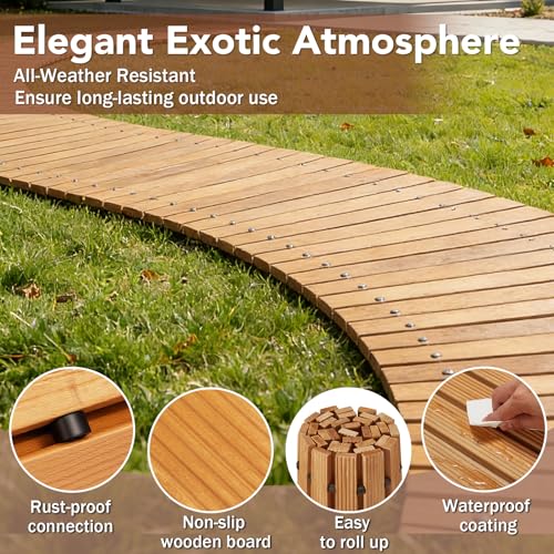 Buymoth 6FT Wooden Garden Pathway,Roll Out Decorative Curved Outdoor Walkway,Weather-Resistant & Non-Slip Patio Boardwalk for Garden,Backyard, Beach, Wedding Party Pathways (Natural, 6') - Image 3