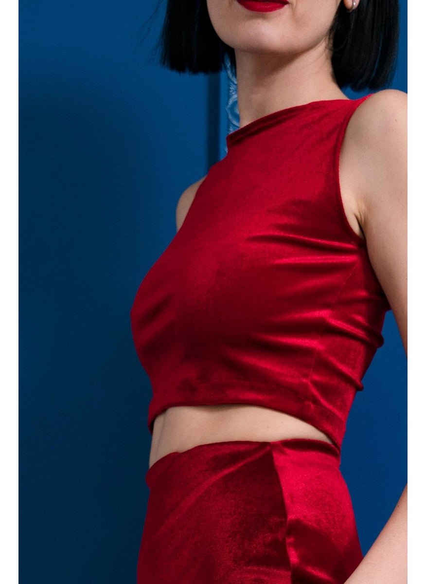 Due Stelle Red Thin Velvet Low-Rise Crop Top  - Image 3