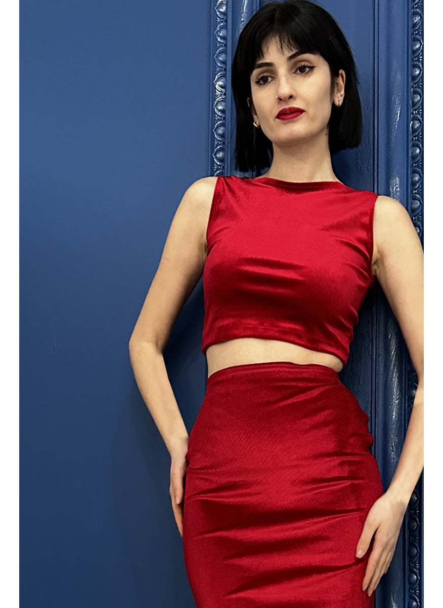 Due Stelle Red Thin Velvet Low-Rise Crop Top  - Image 1