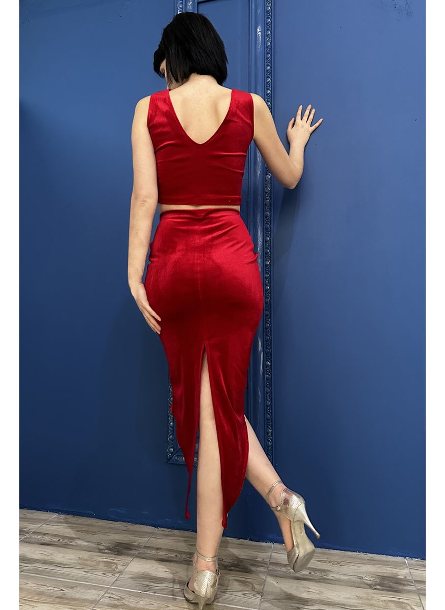 Due Stelle Red Thin Velvet Low-Rise Crop Top  - Image 2