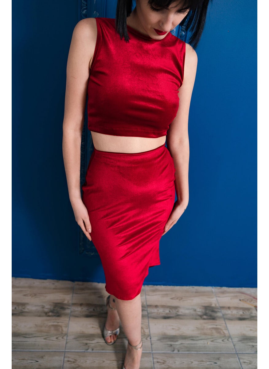 Due Stelle Red Thin Velvet Low-Rise Crop Top  - Image 4