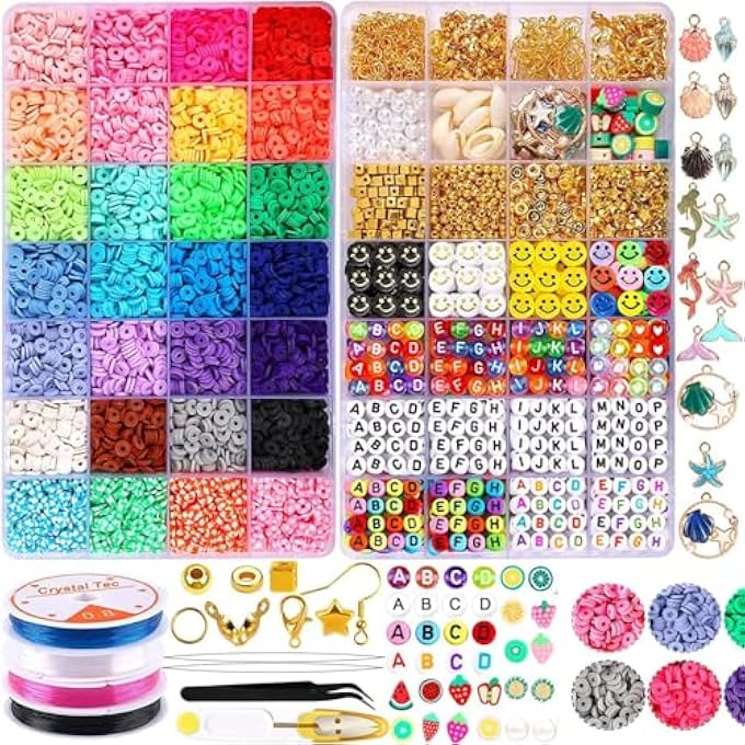 STRBOXONG BEADS FOR JEWELLERY MAKING, 28 COLOR FLAT ROUND POLYMER CLAY BEADS 6MM HEISHI CLAY BEADS WITH CHARMS KIT AND ELASTIC STRINGS FOR JEWELRY MAKING BRACELETS NECKLACE FOR GIRLS TEENS KIDS - Image 1