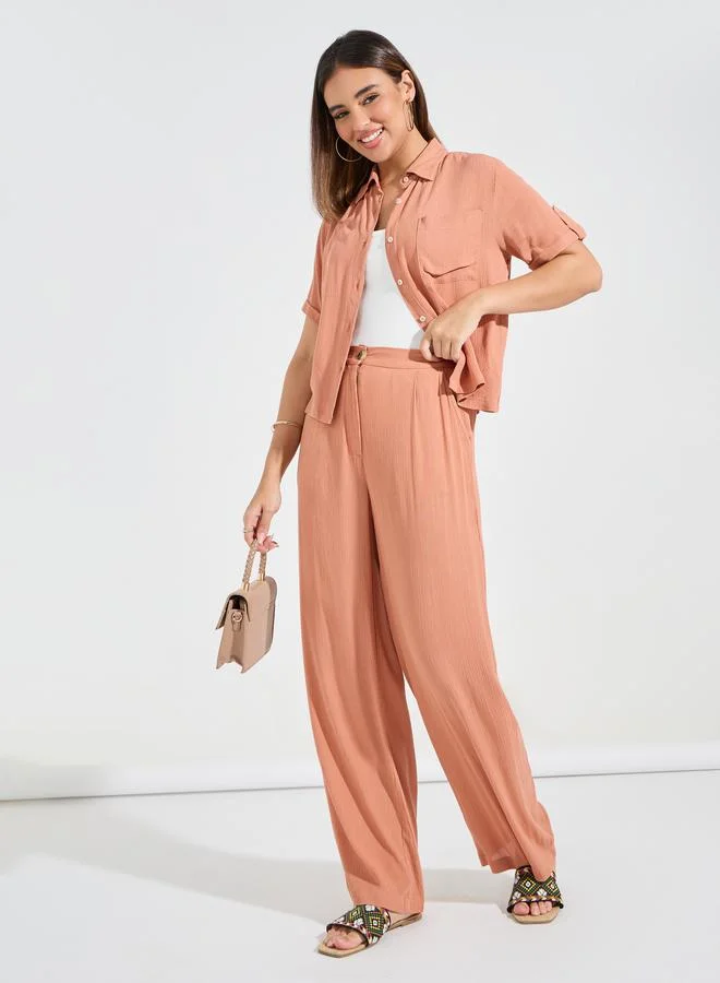 Styli Crinkled Short Sleeves Shirt & Wide Leg Pants Co-Ords