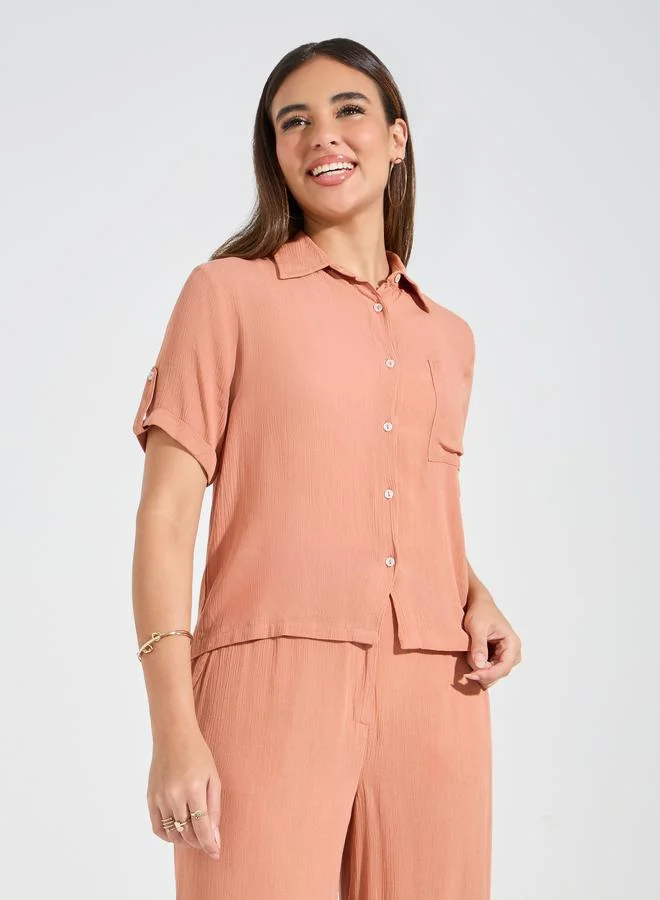 Styli Crinkled Short Sleeves Shirt & Wide Leg Pants Co-Ords