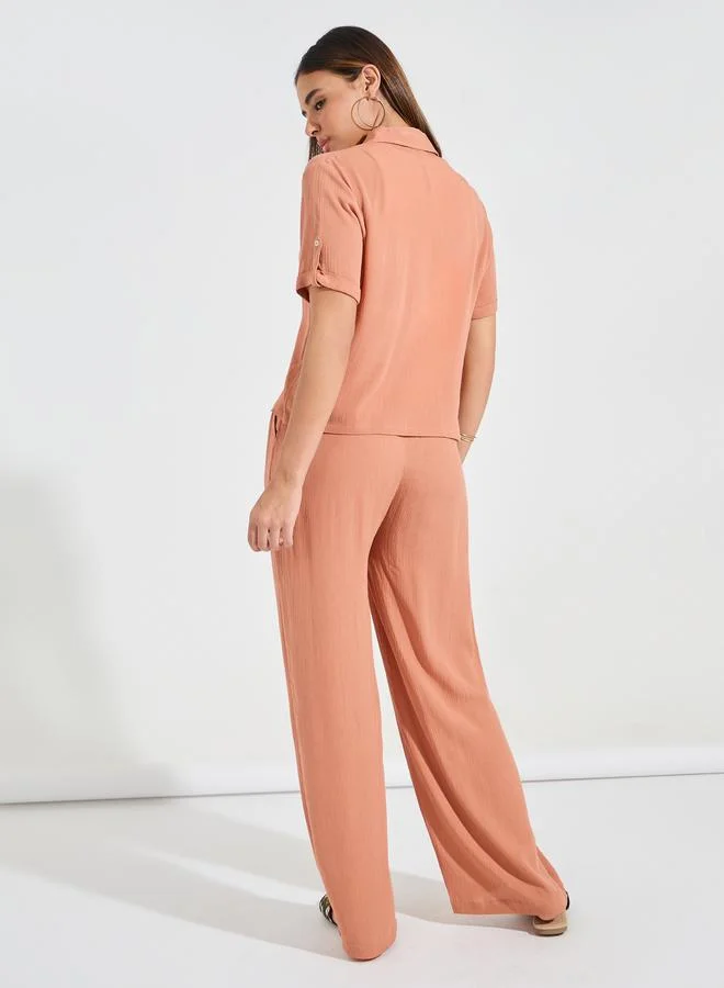 Styli Crinkled Short Sleeves Shirt & Wide Leg Pants Co-Ords
