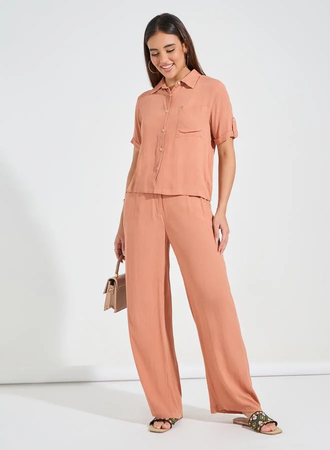 Styli Crinkled Short Sleeves Shirt & Wide Leg Pants Co-Ords