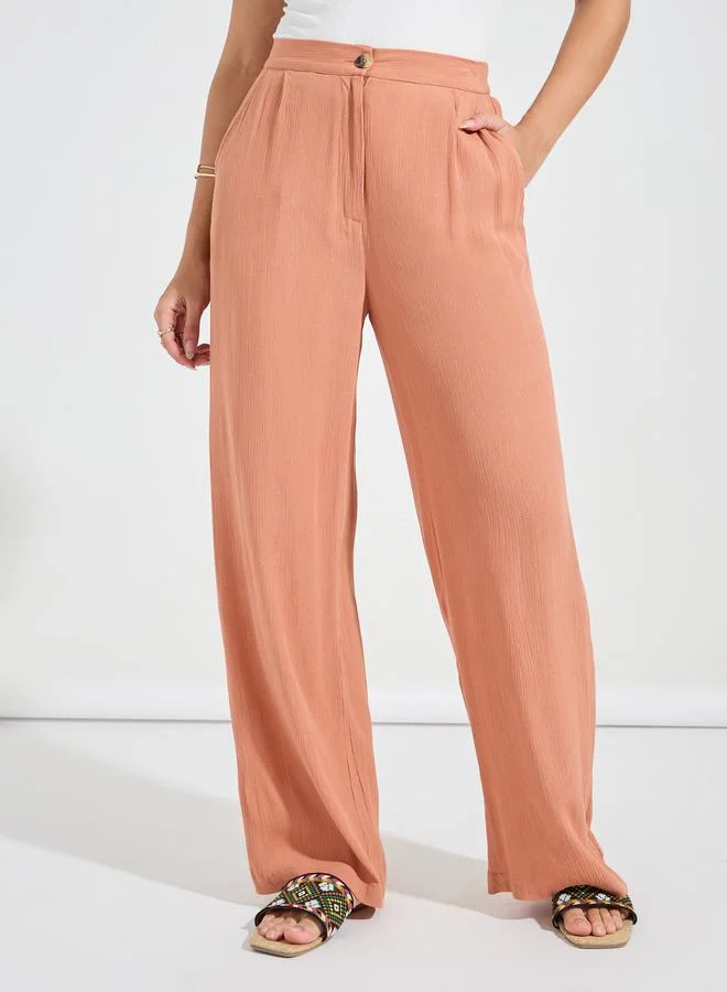 Styli Crinkled Short Sleeves Shirt & Wide Leg Pants Co-Ords