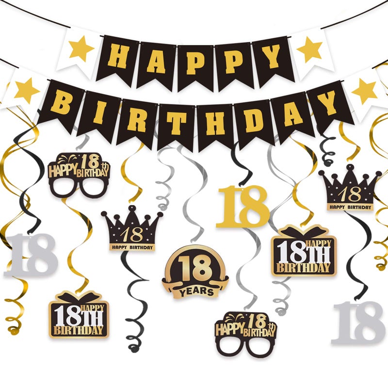 LINGTEER Happy 18th Birthday Decorations Set  12 Pcs Black  Gold Swirls StreamerHappy Birthday Bunting BannerCheers to Eighteen Years Old Bday Party Decorations Gift Sign