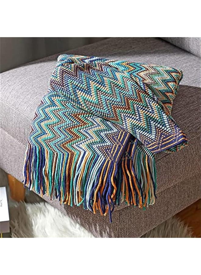 HOOKOR Bohemian Boho Throw Blankets, Knitted with Tassel, Outdoor Reversible Soft Cozy Lightweight Throw Blankets, Couch Bed Sofa Decorative Throw Blanket (BlUE, 130x200CM)  - Image 3