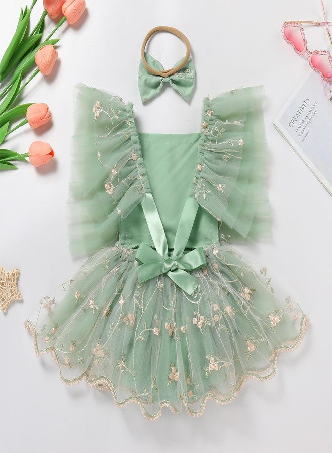 ODASDO First Birthday Outfit Girl Baby Fairy Romper Toddlers Party Dress Floral Embroidery Tulle Tutu Princess Dresses 1st Half One Year Old Newborn Photo Shoot Props Summer Clothes Sage Green 0-3M - Image 3