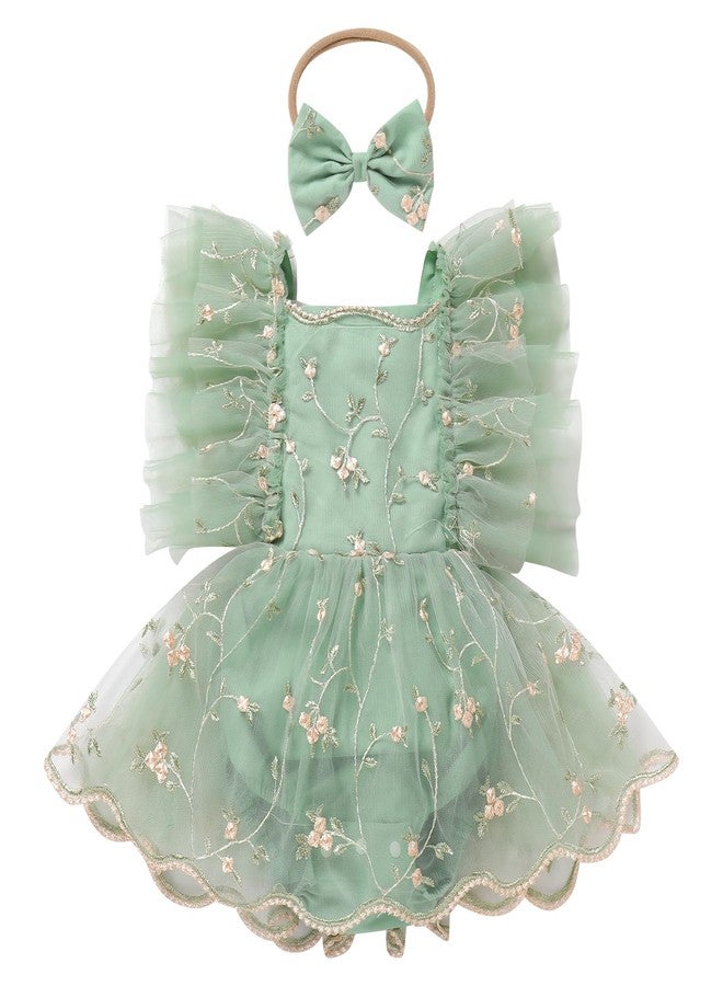 ODASDO First Birthday Outfit Girl Baby Fairy Romper Toddlers Party Dress Floral Embroidery Tulle Tutu Princess Dresses 1st Half One Year Old Newborn Photo Shoot Props Summer Clothes Sage Green 0-3M - Image 1