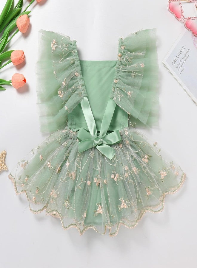 ODASDO First Birthday Outfit Girl Baby Fairy Romper Toddlers Party Dress Floral Embroidery Tulle Tutu Princess Dresses 1st Half One Year Old Newborn Photo Shoot Props Summer Clothes Sage Green 0-3M - Image 5