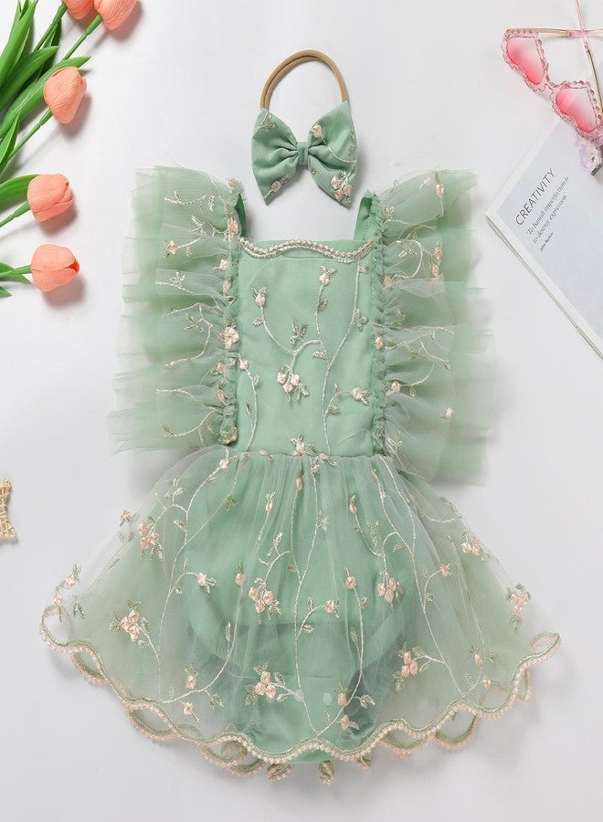 ODASDO First Birthday Outfit Girl Baby Fairy Romper Toddlers Party Dress Floral Embroidery Tulle Tutu Princess Dresses 1st Half One Year Old Newborn Photo Shoot Props Summer Clothes Sage Green 0-3M - Image 2