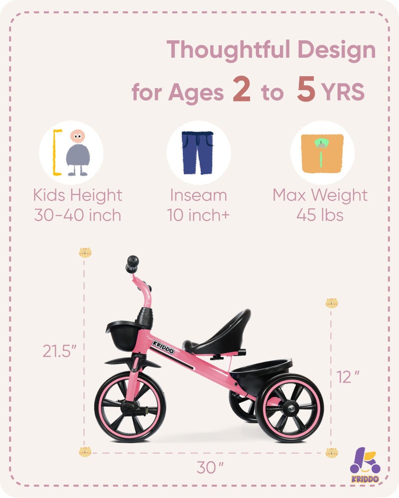 KRIDDO Tricycle for 2-5 Year Olds - Pink Toddler Trike With Gift for 24 Month to 4 Year Old Girls - Image 3