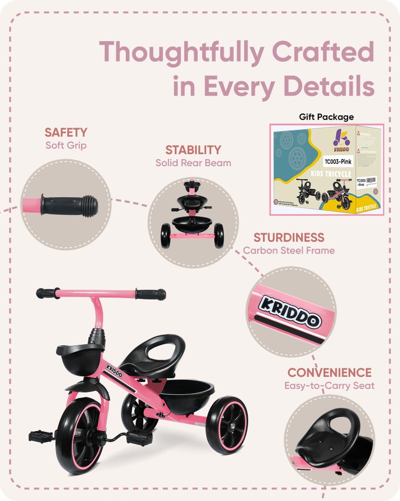 KRIDDO Tricycle for 2-5 Year Olds - Pink Toddler Trike With Gift for 24 Month to 4 Year Old Girls - Image 5