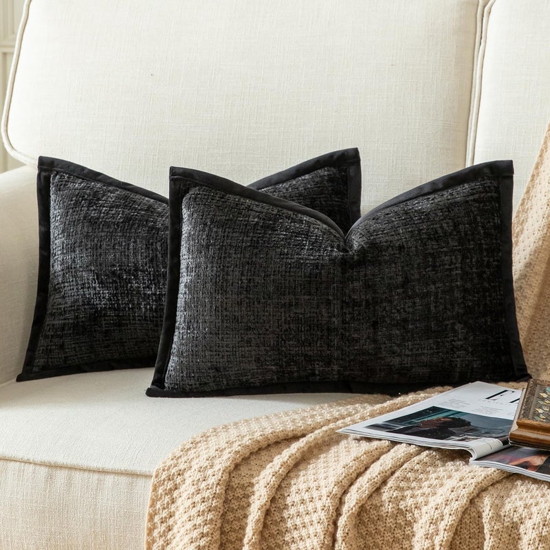 Yaertun Pack of 2 Chenille Textured Decorative Throw Pillow Covers Accent Solid Cushion Cover Soft Cozy Pillow Case with Velvet Back for Couch Sofa Bed Living Room 12x20 Inch Black - Image 1