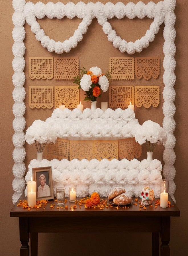 Breling 40 Pcs Dia De Los Muertos Ofrenda Altar Decor Day of The Dead, 20 White Marigold Flowers, 2 Mexican Felt Papel Picado Banner (9 Flags Per Banner), 2 White Artificial Marigold Garland - Image 1