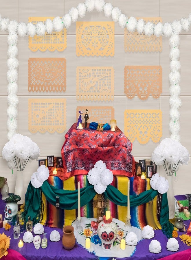 Breling 40 Pcs Dia De Los Muertos Ofrenda Altar Decor Day of The Dead, 20 White Marigold Flowers, 2 Mexican Felt Papel Picado Banner (9 Flags Per Banner), 2 White Artificial Marigold Garland - Image 5