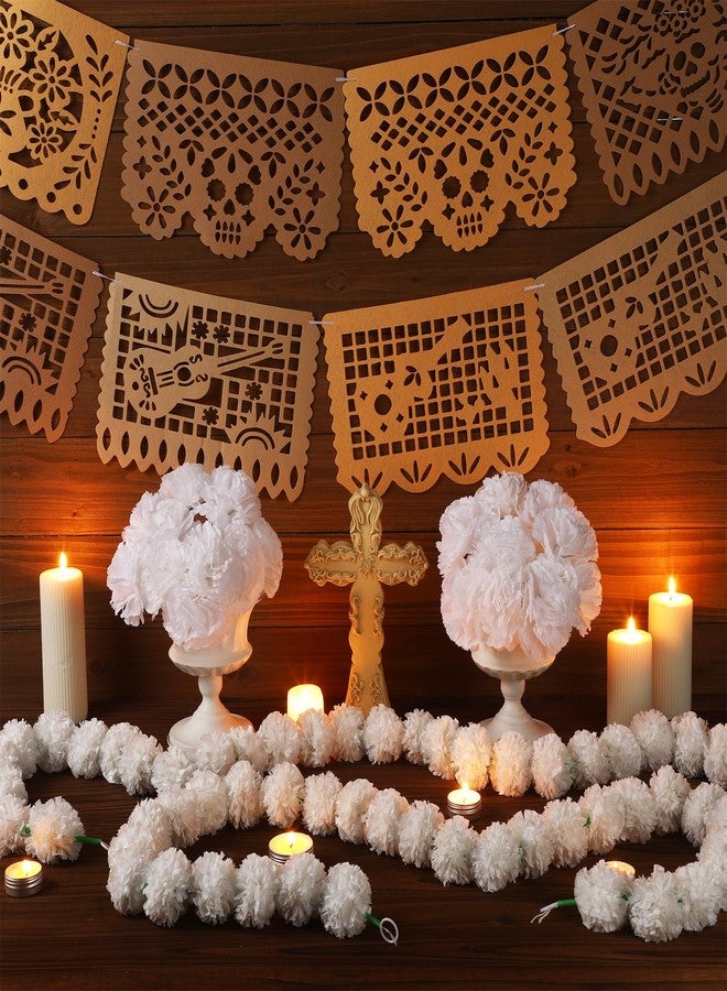 Breling 40 Pcs Dia De Los Muertos Ofrenda Altar Decor Day of The Dead, 20 White Marigold Flowers, 2 Mexican Felt Papel Picado Banner (9 Flags Per Banner), 2 White Artificial Marigold Garland - Image 2