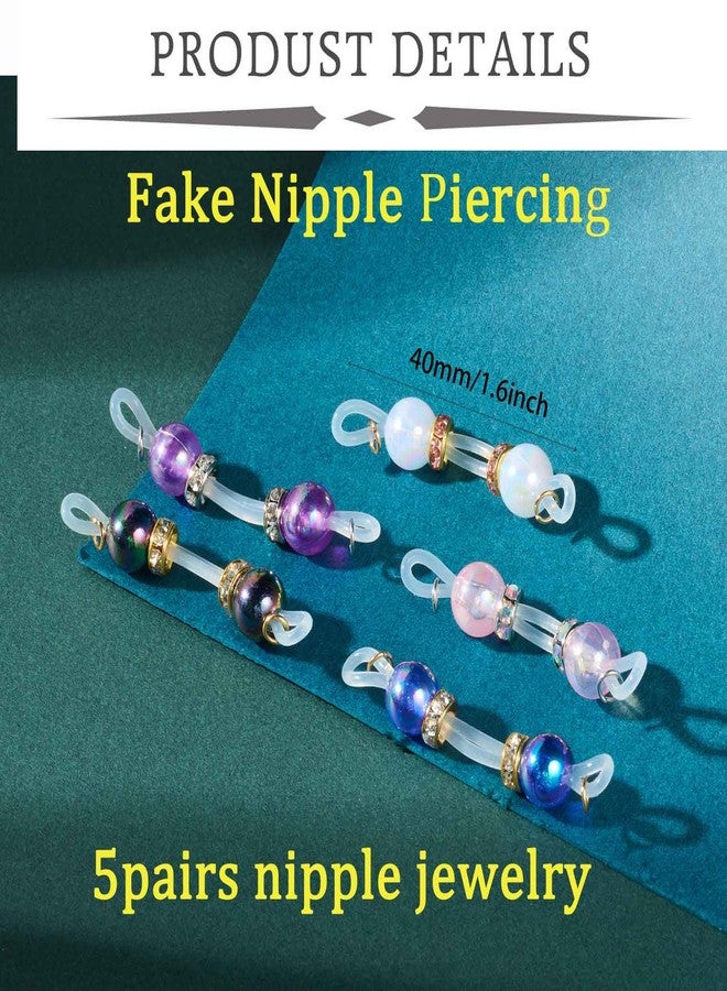 QWALIT 5pairs Dainty Fake Nipple Piercing Fake Nipple Rings Adjustable Elastic Nooses Silicone Ball Cute Dainty Pearl non-Piercing Faux Body Jewelry for Women Comfortable Valentine's Day - Image 3
